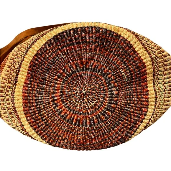 Vintage Raffia Woven Shoulder Bag Boho Beach Bucket Leather Strap Large Brown - Picture 2 of 9